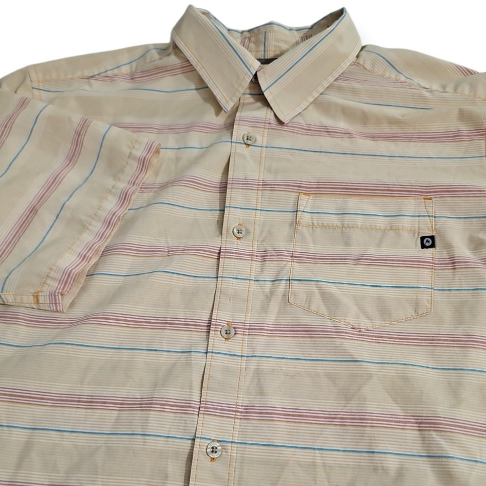 Marmot Men's Large Yellow Striped Button Up Short Sleeve Shirt